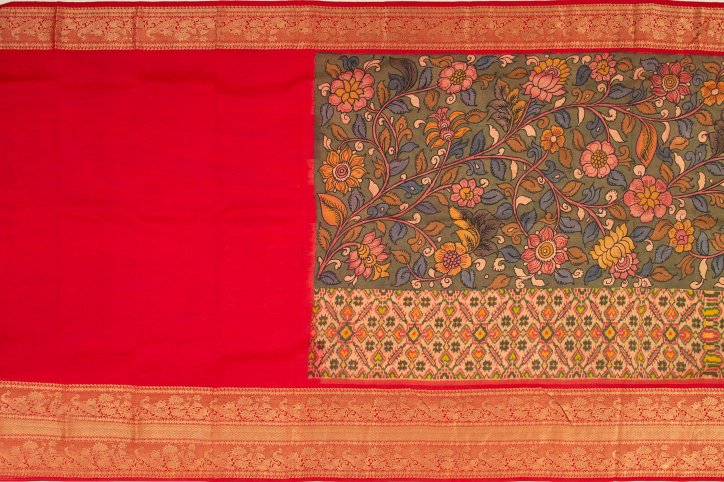 Kanchipuram Silk Ikat Kalamkari Hand Painted Green Saree