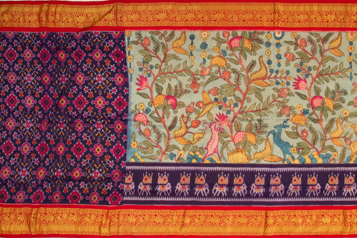 Kanchipuram Silk Ikat Kalamkari Hand Painted Pastel Blue Saree