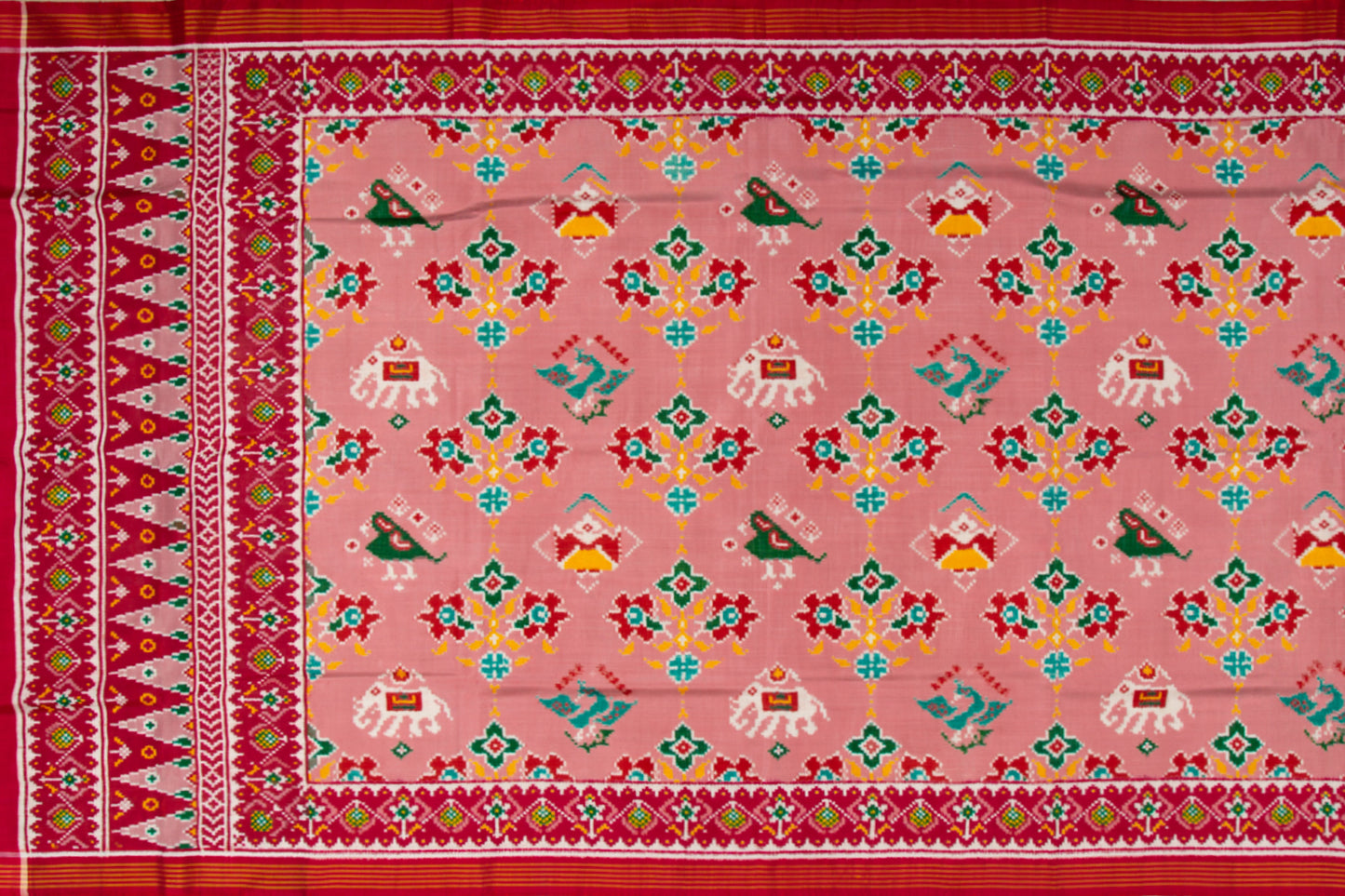 Patan Patola Silk Double Ikat 4 Figure Baby Pink Saree