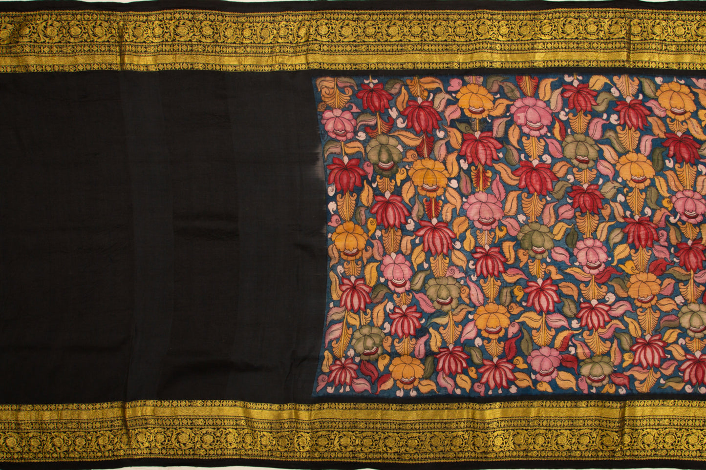 Kanchipuram Silk Kalamkari Hand Painted Dark Blue Saree