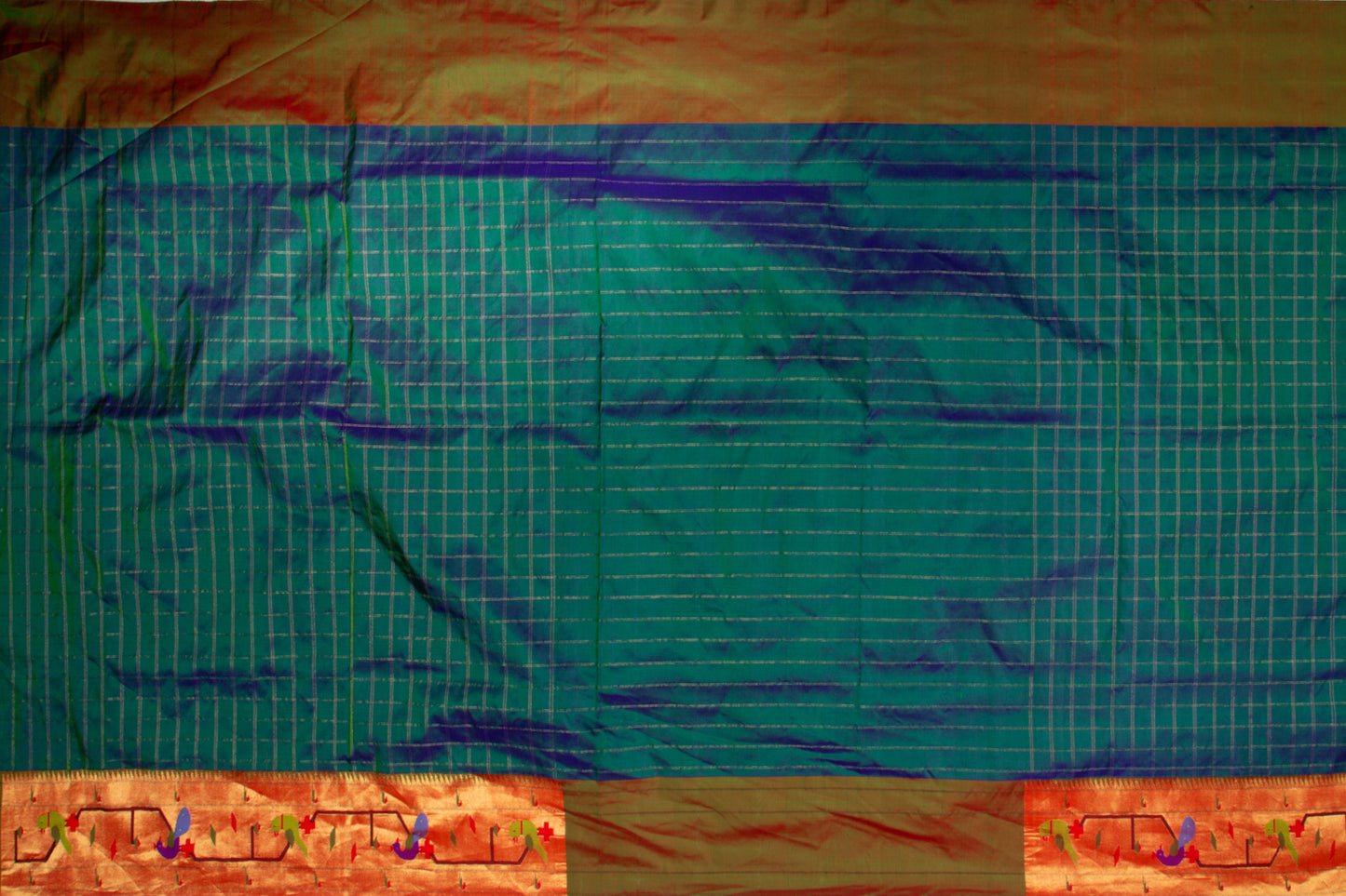 Paithani Silk Checks Dual Tone Blue And Green Saree With Akruthi Border