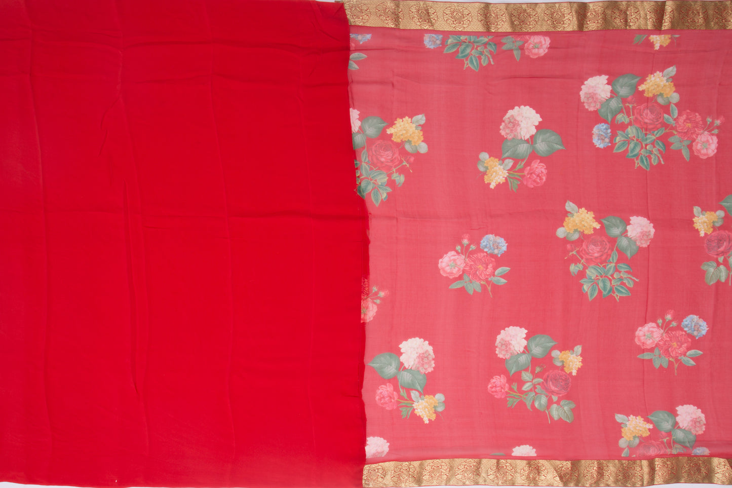 Chiffon Floral Printed Red Saree