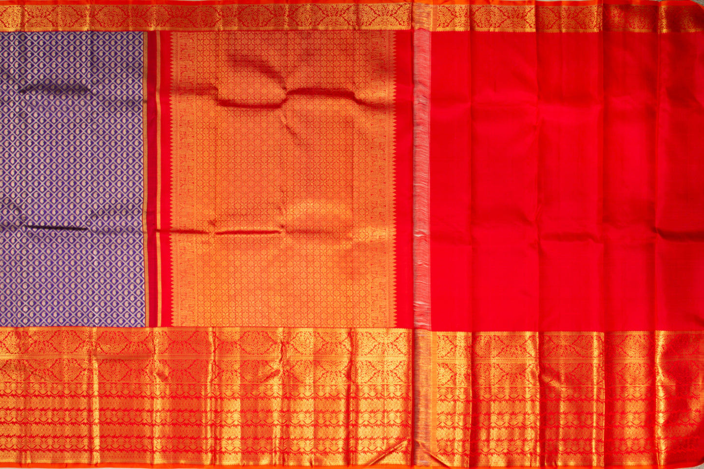 Kanchipuram Silk Criss-Cross Checks And Butta Violet Saree