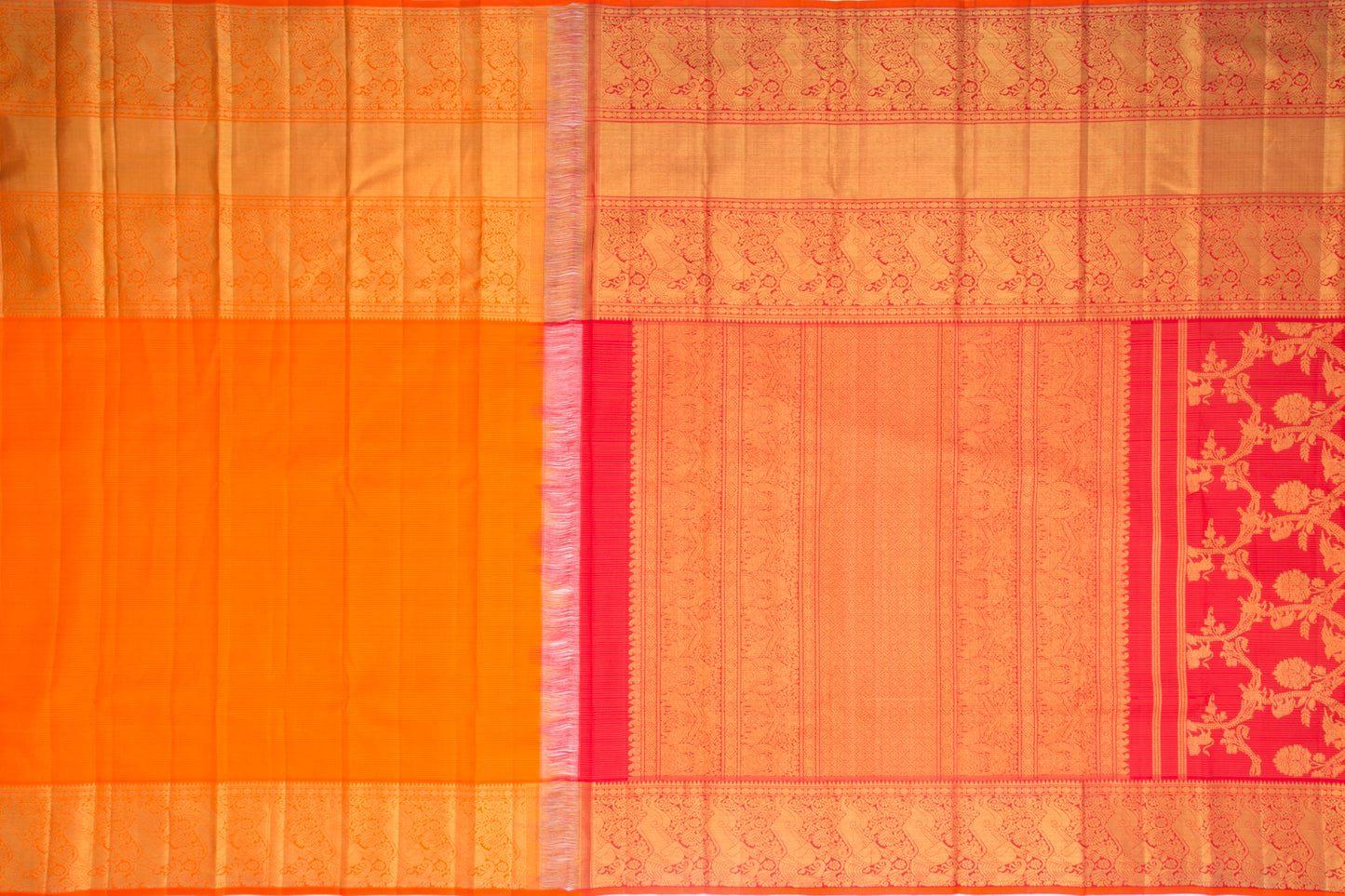 Kanchipuram Silk Vanasingaram Oosi Lines and Jaal Red Saree