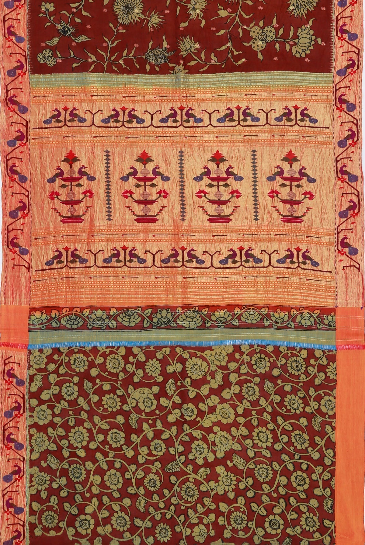 Paithani Silk Hand Painted Maroon Saree With Attached Kalamkari on Paithani border