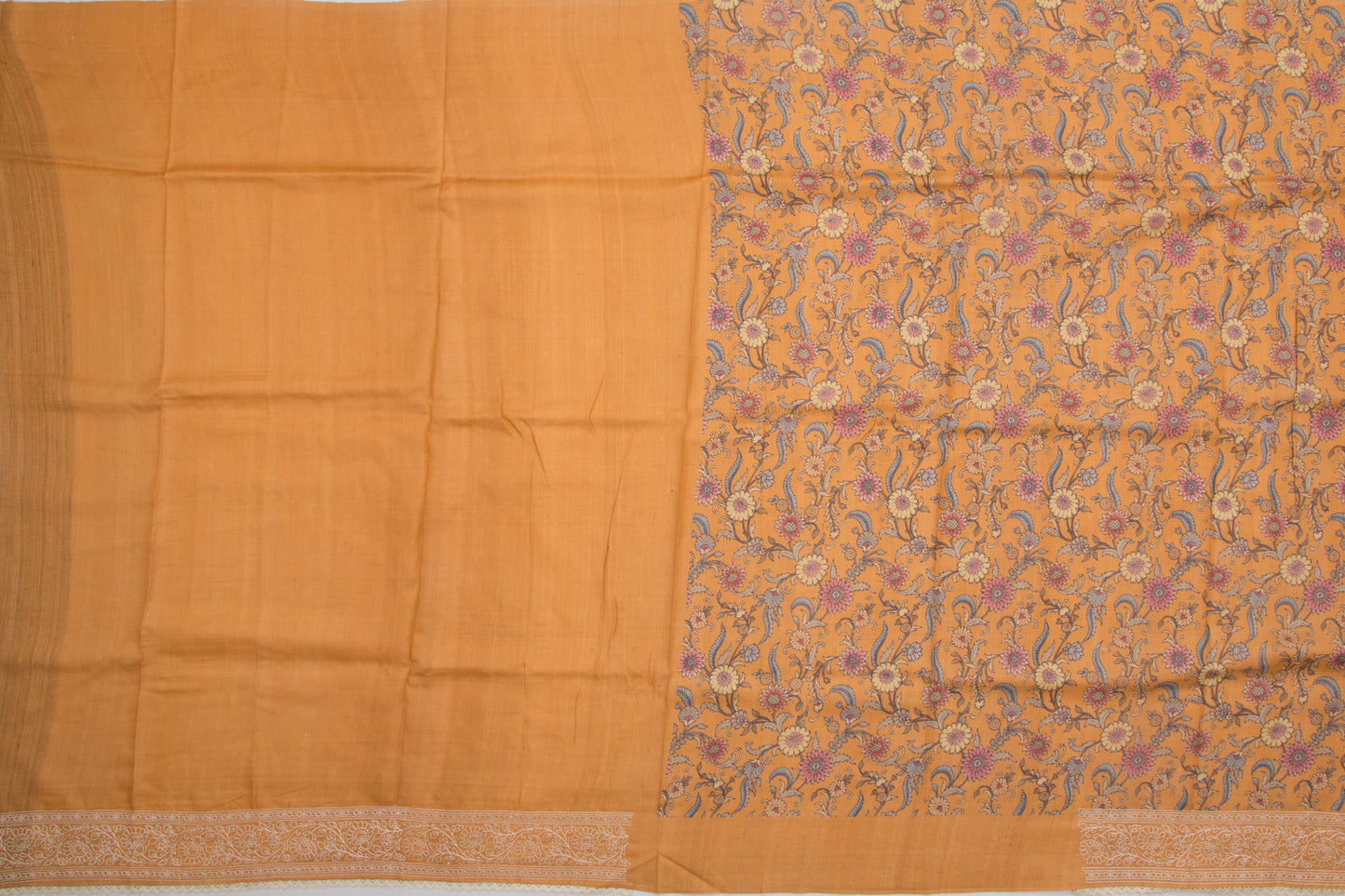 Tussar Floral Printed Mustard Yellow Saree