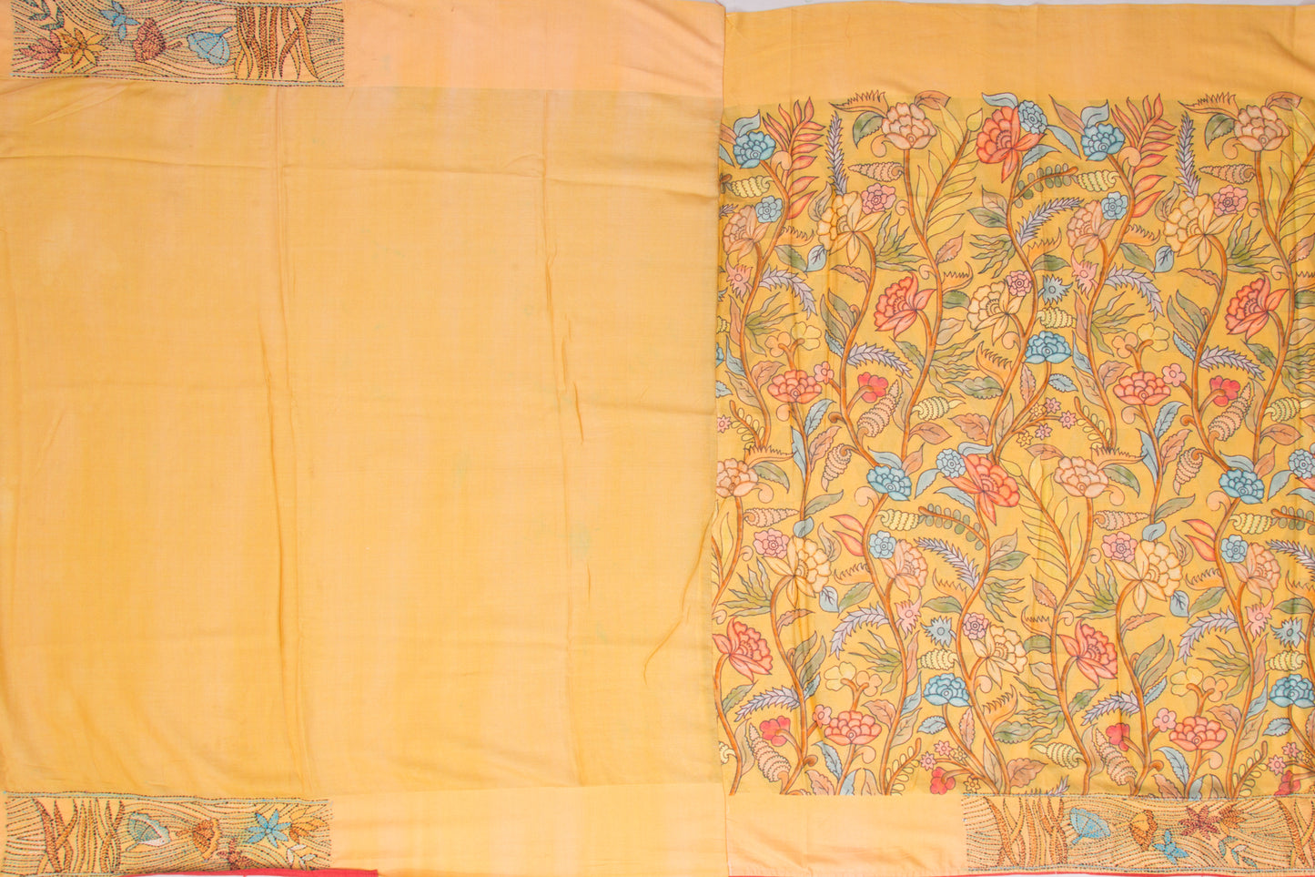 Soft Tussar Jacquard and Floral Printed Yellow Saree With Kantha Work On its Borders