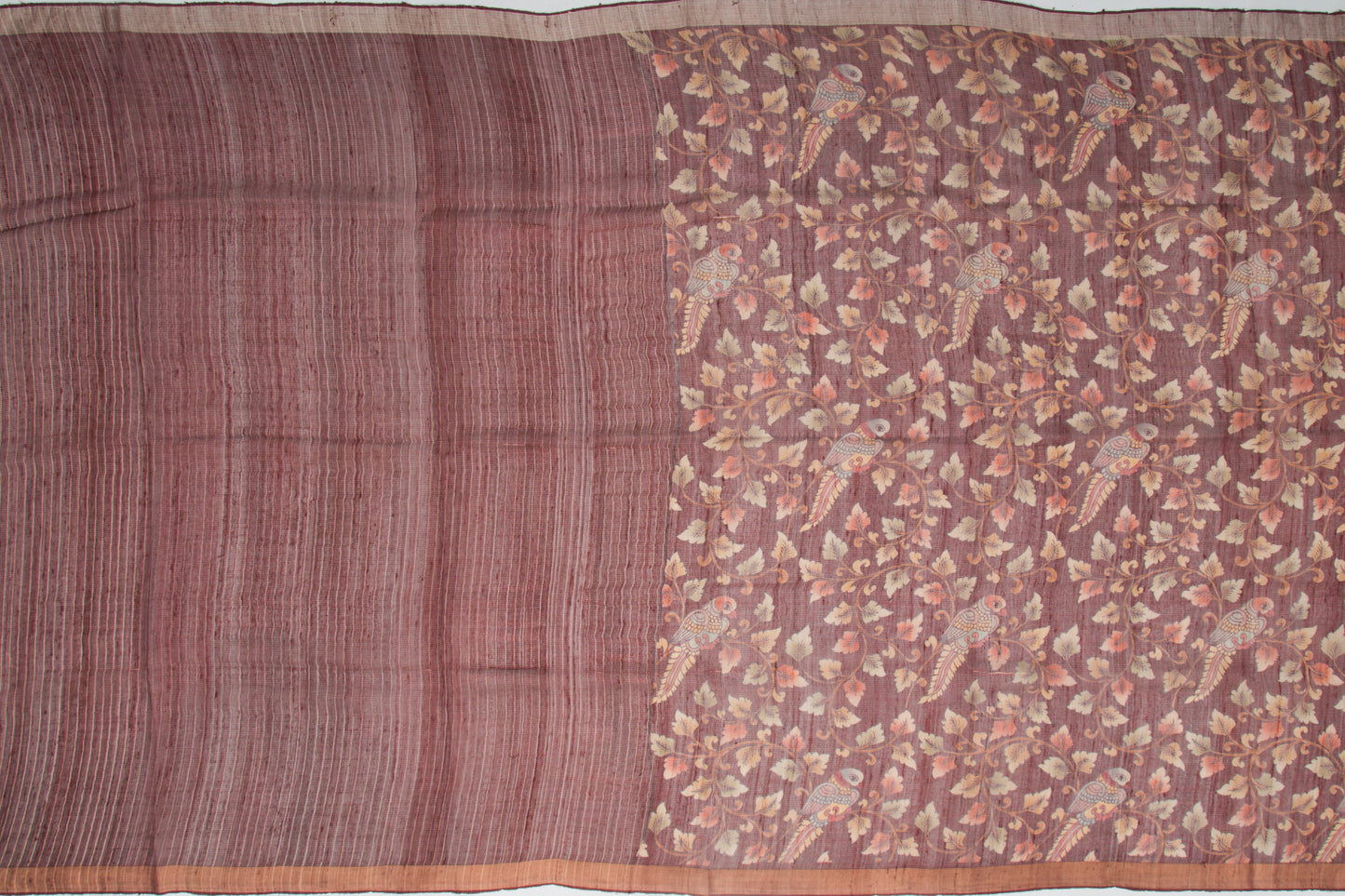 Tussar Horizontal Lines and Floral Printed Brown Saree