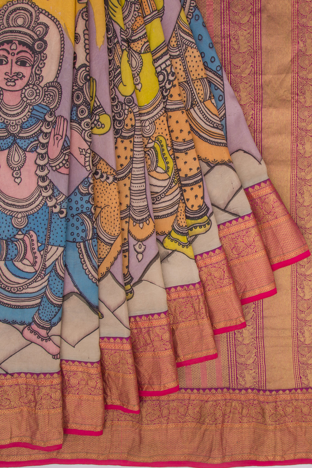 Kanchipuram Silk Kalamkari Lilac And Yellow Saree
