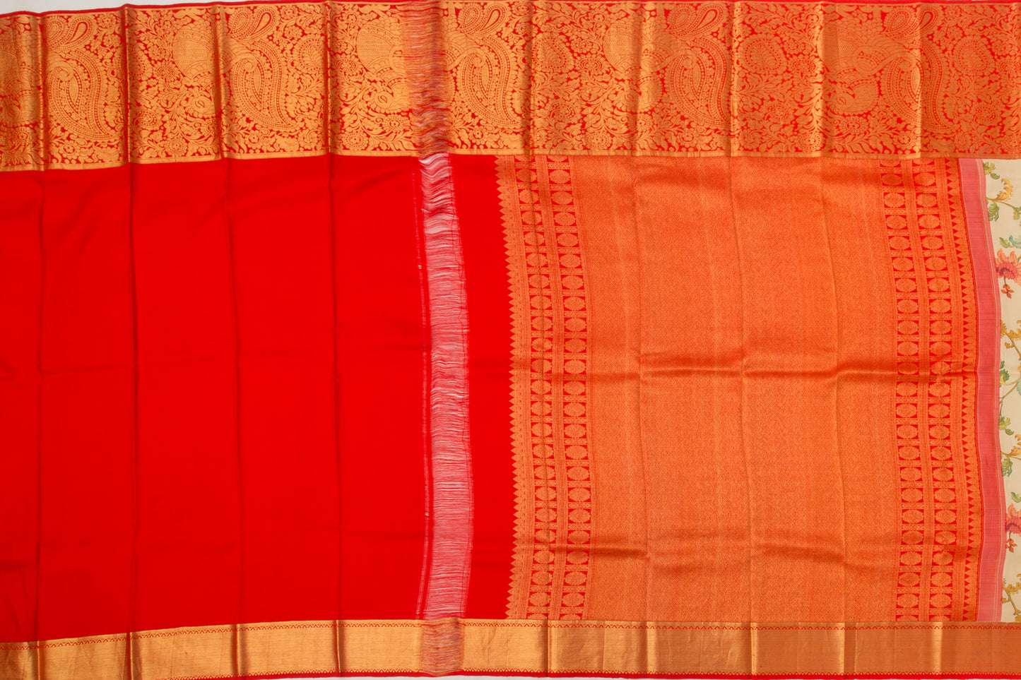 Kanchipuram Silk Floral Printed Cream Saree