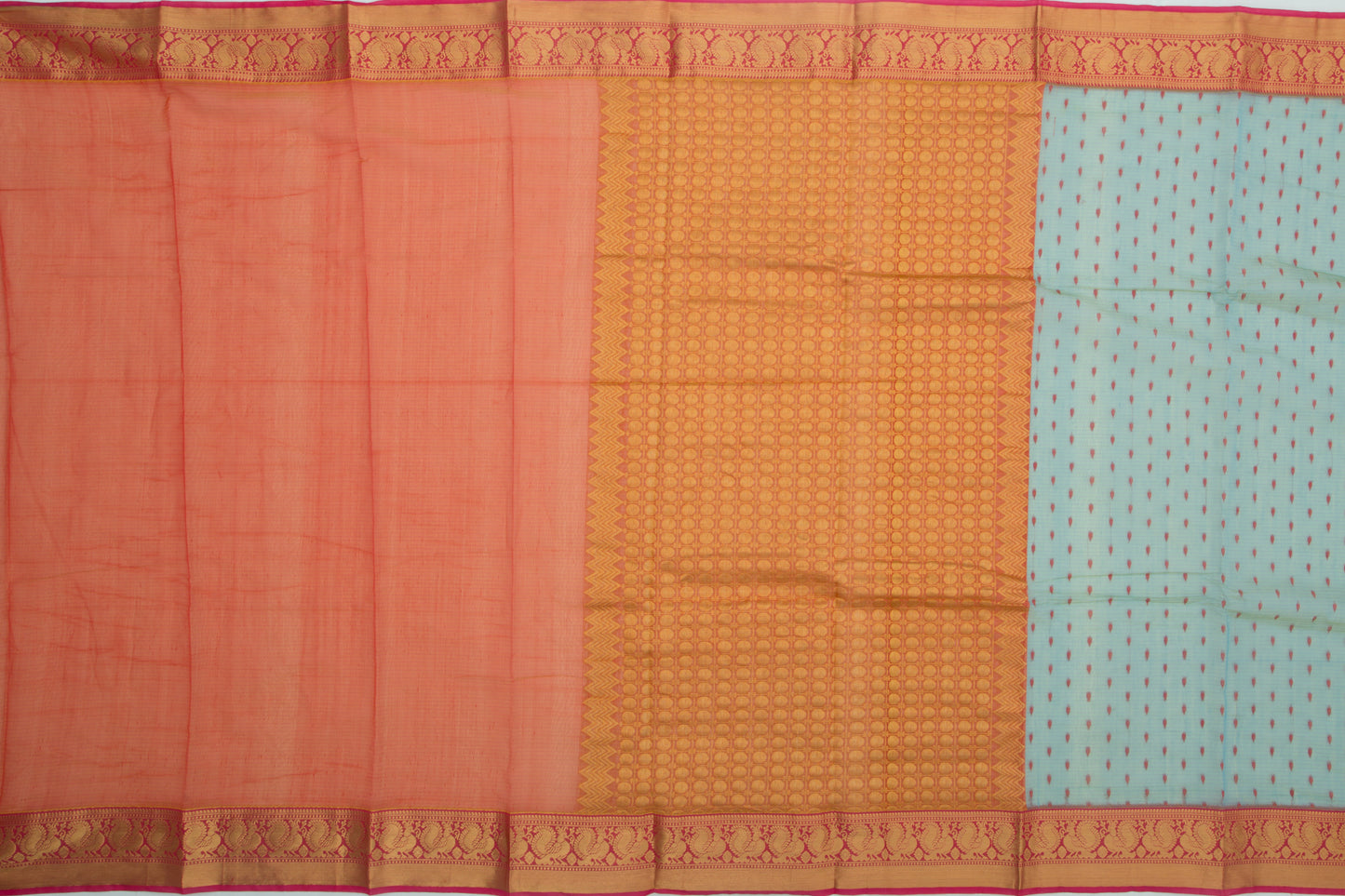 Kanchi Cotton Horizontal Lines And Butta Blue-Green Saree