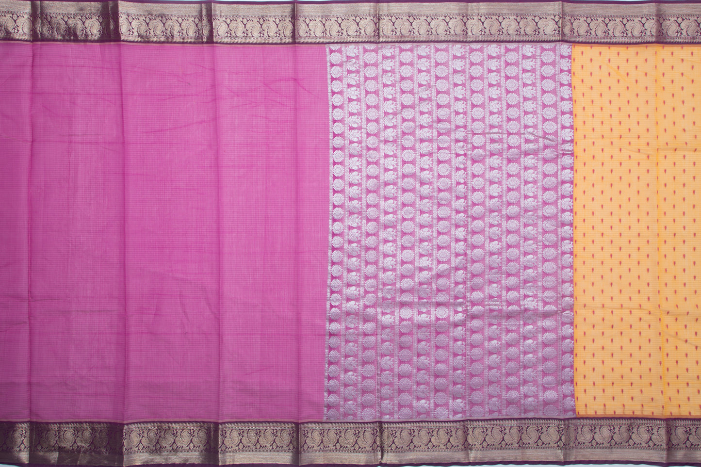 Kanchi Cotton Horizontal Lines And Butta Yellow Saree