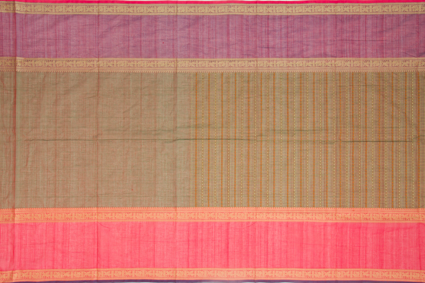 Kanchi Cotton Checks And Butta Dual Tone Brown And Green Saree