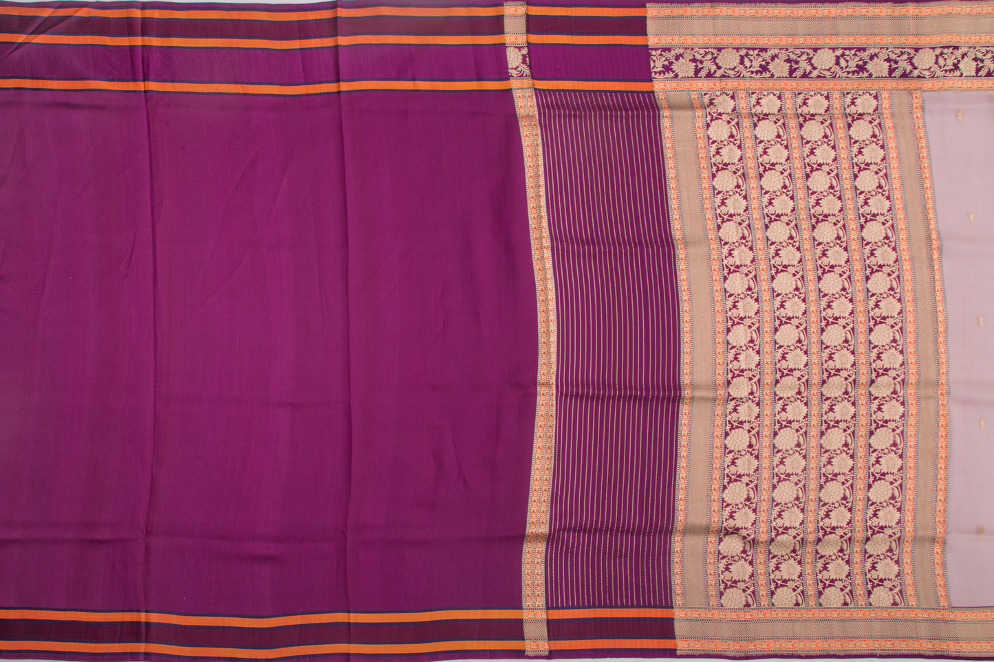 Banarasi Kora Organza Kadwa Vertical Lines and Butta Lilac Saree