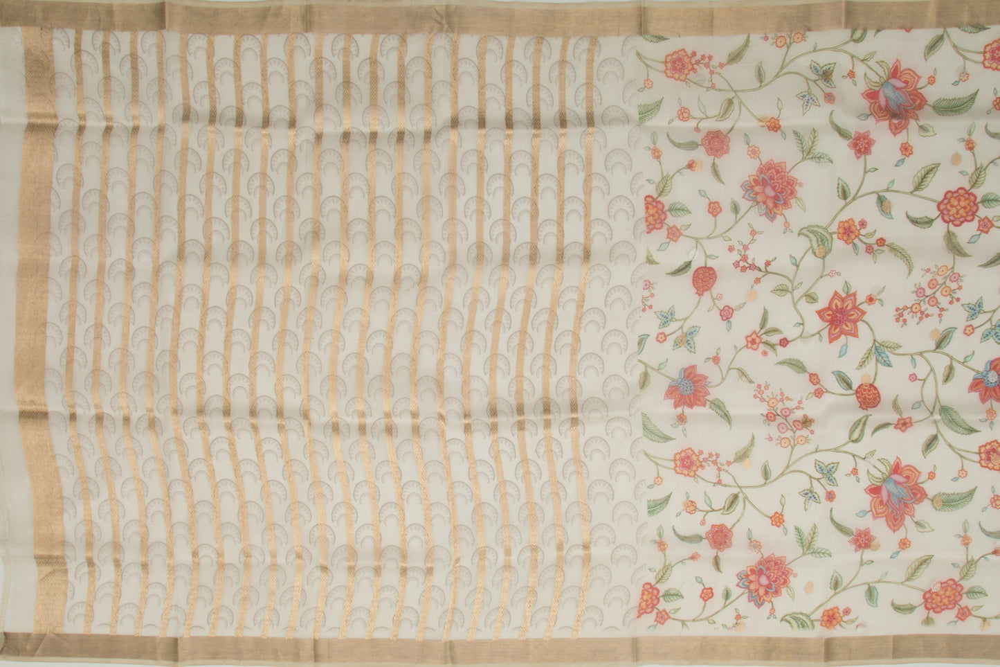 Banarasi Kora Organza Floral Printed Off-White Saree