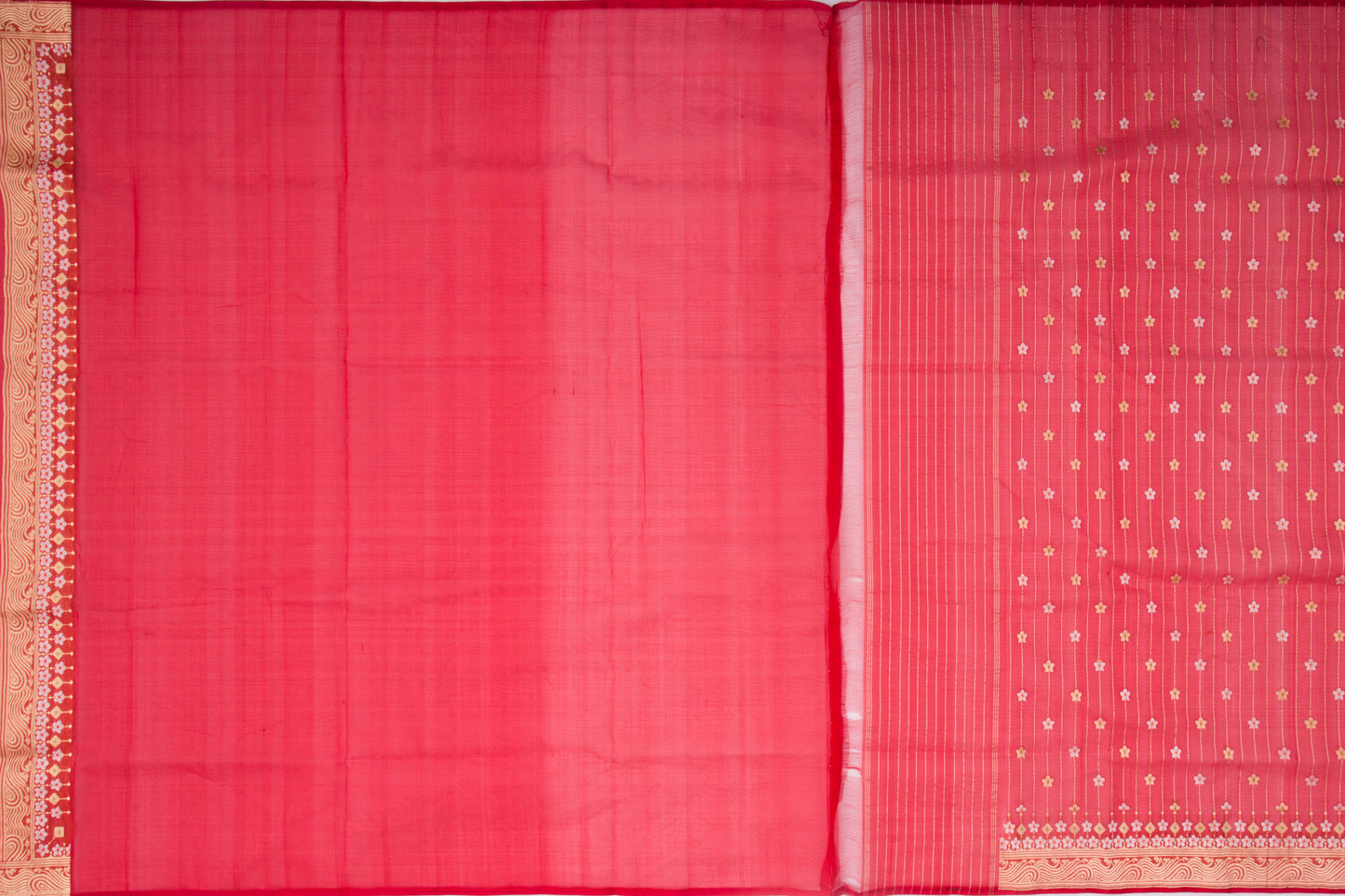 Banarasi Kora Organza Kadwa Vertical Lines and Butta Red Saree