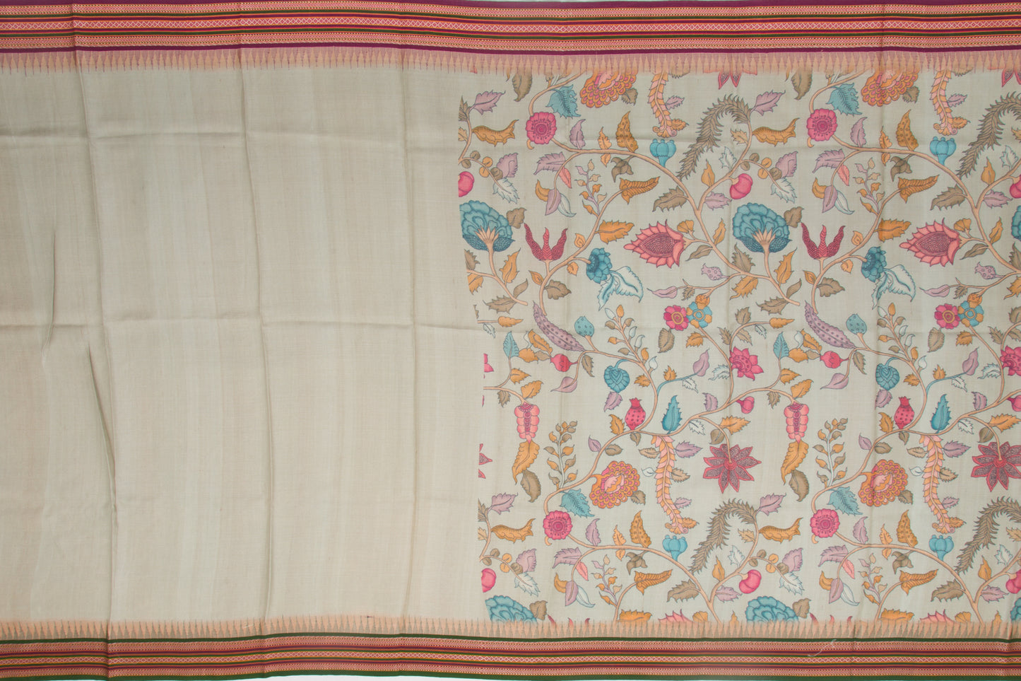 Tussar Floral Printed Pastel Green Saree With Vidarbha Border