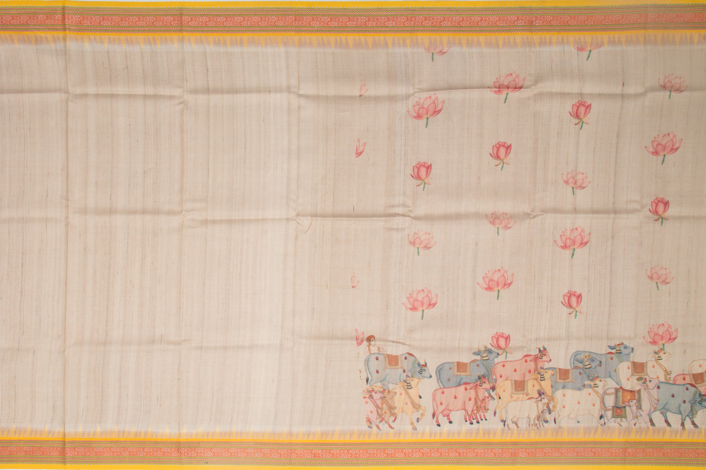 Tussar Floral Printed Beige Saree With Vidarbha Border