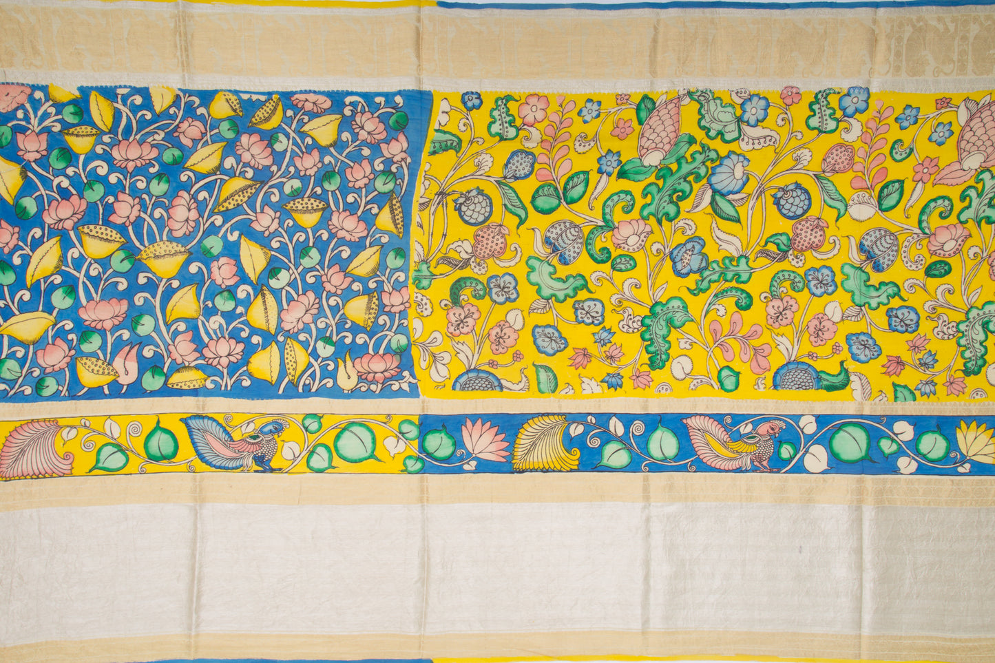 Kanchipuram Silk Kalamkari Hand Painted Yellow Saree
