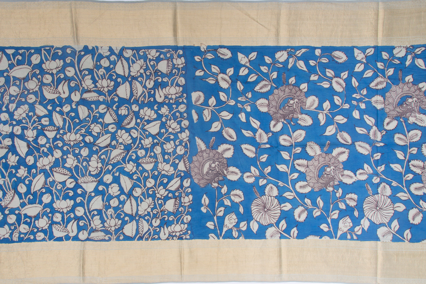 Kanchipuram Silk Kalamkari Hand Painted Blue Saree