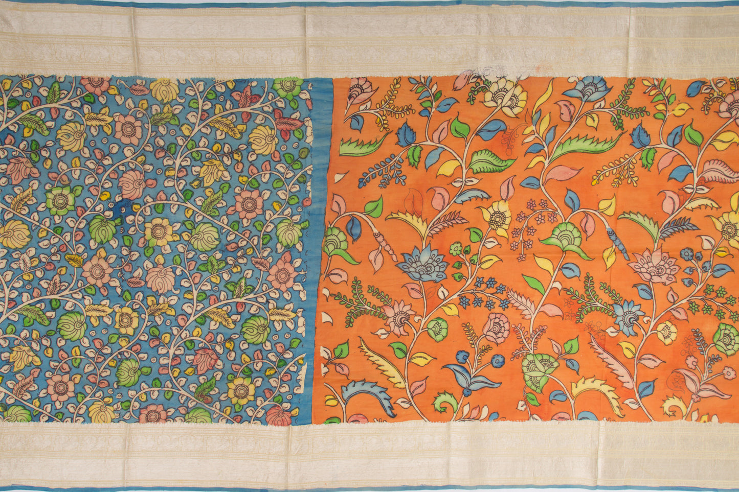 Kanchipuram Silk Kalamkari Hand Painted Orange Saree