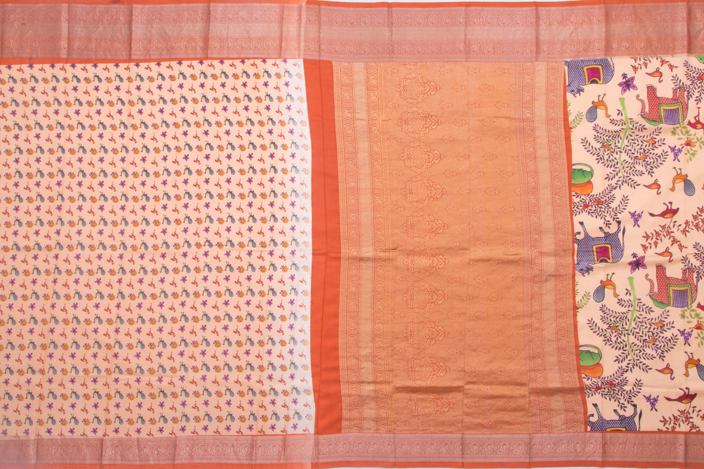 Kanchipuram Silk Floral Printed Pastel Orange Saree