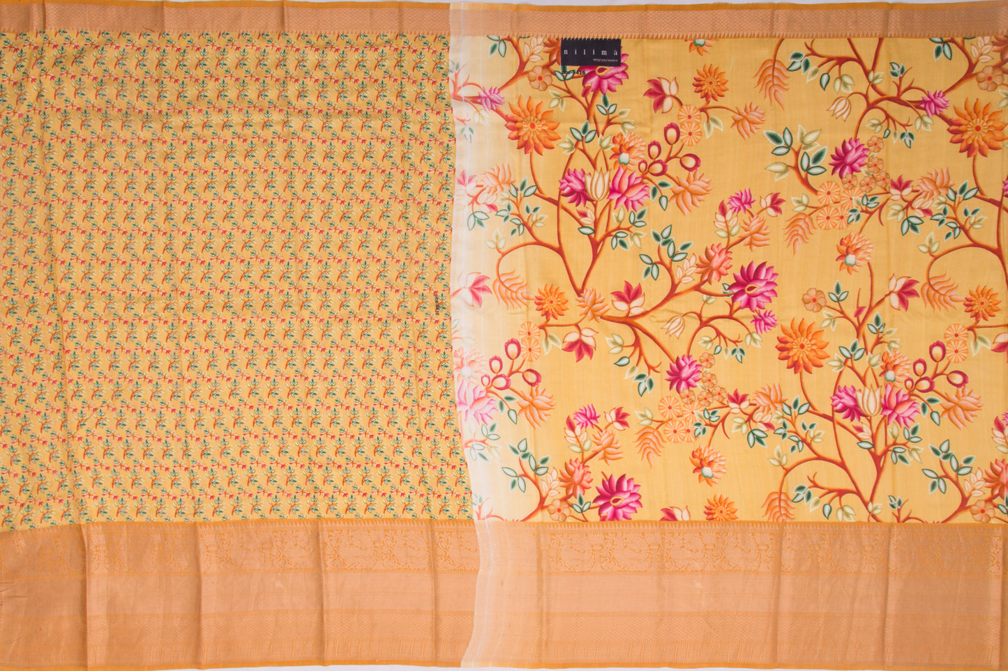 Kanchipuram Silk Floral Printed Yellow Saree