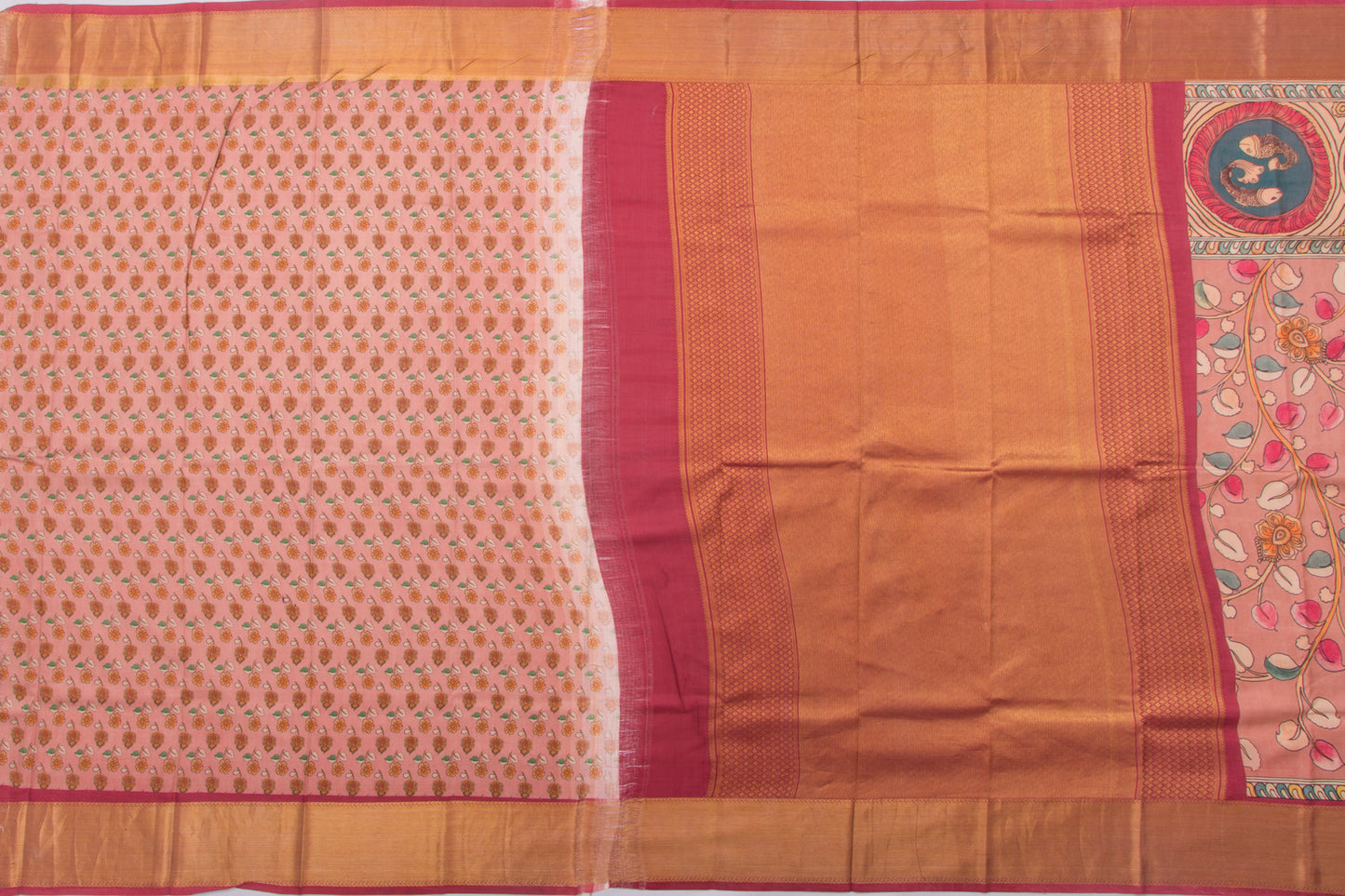 Kanchipuram Silk Floral Printed Peach Saree