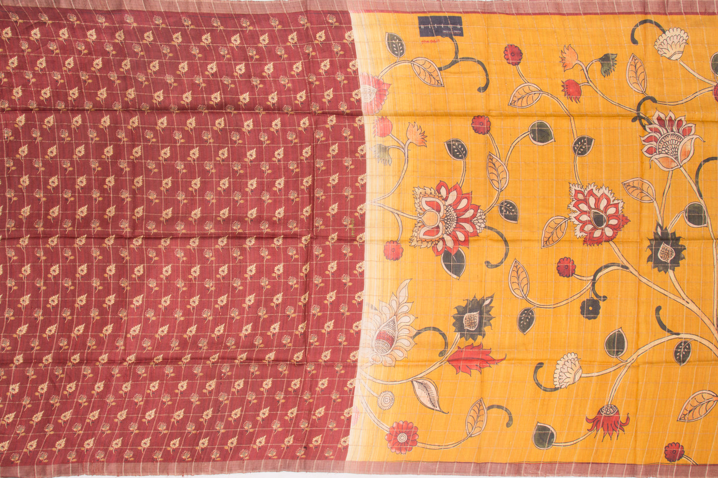 Soft Tussar Checks And Floral Printed Yellow Saree