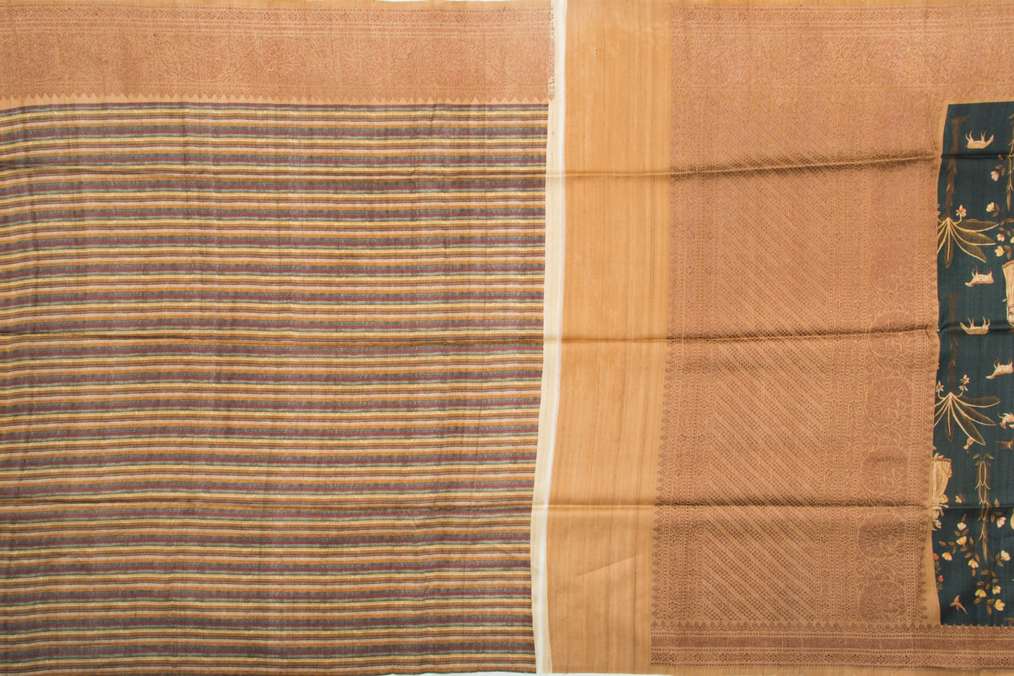 Tussar Printed Bottle Green Saree