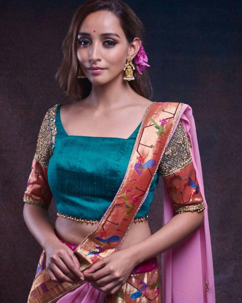 Bandhani Silk Pink Lehenga With Paithani and Georgette Fusion