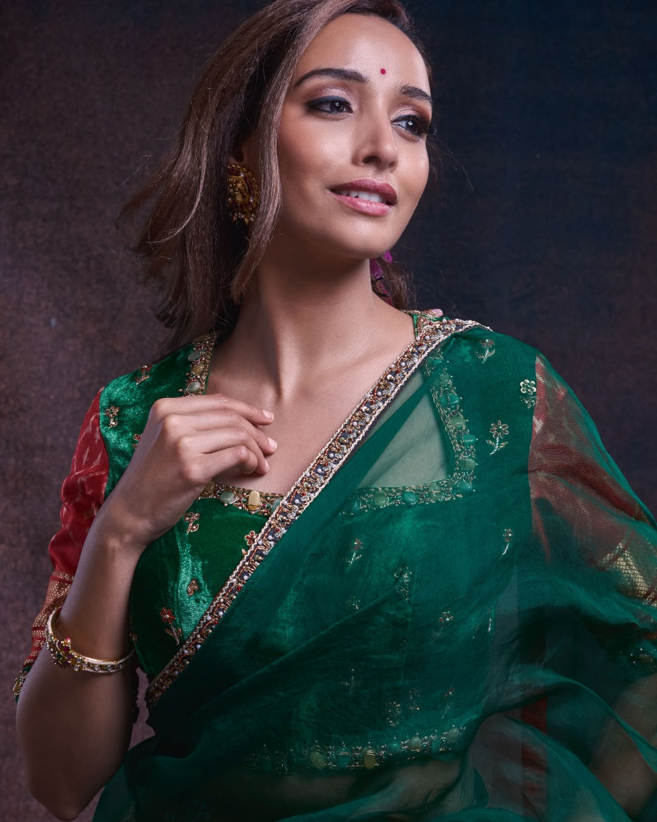 Bandhani Silk Ikat Brown Lehenga With Tussar And Georgette Fusion