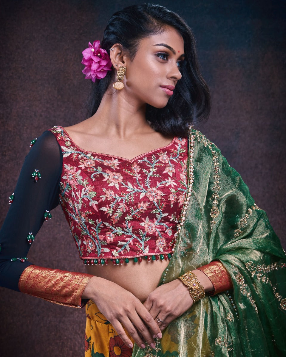 Kanchi Kalamkari Silk Yellow Lehenga With Organza And Tussar Fusion