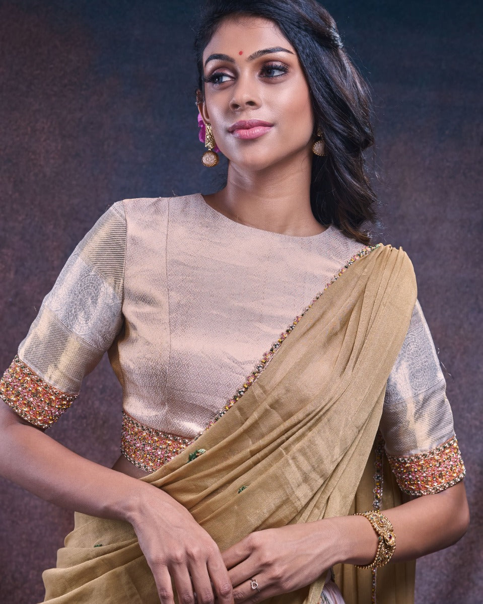 Kanchipuram Silk Floral Printed Cream Lehenga With Organza Fusion