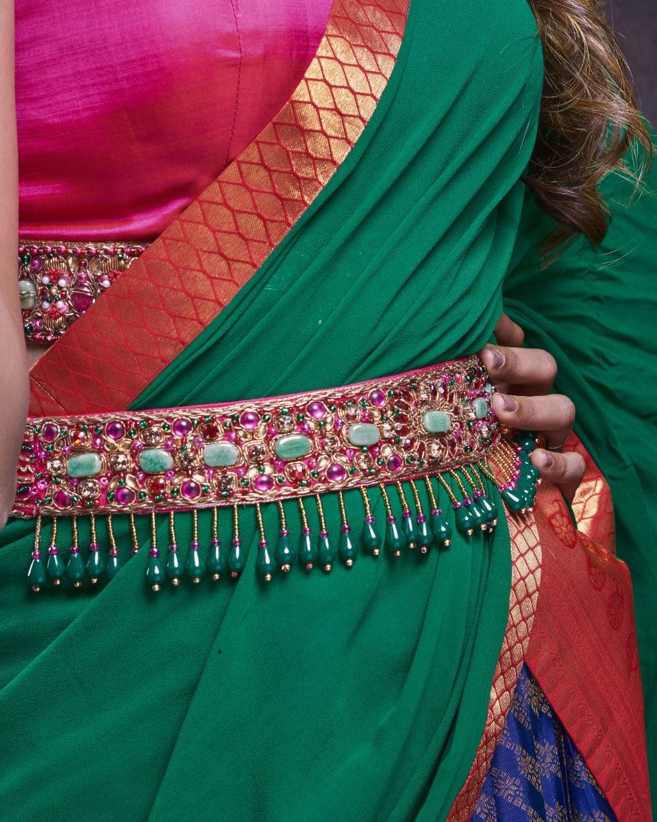 Kanchipuram Silk Brocade Dark Blue Lehenga With Georgette Fusion