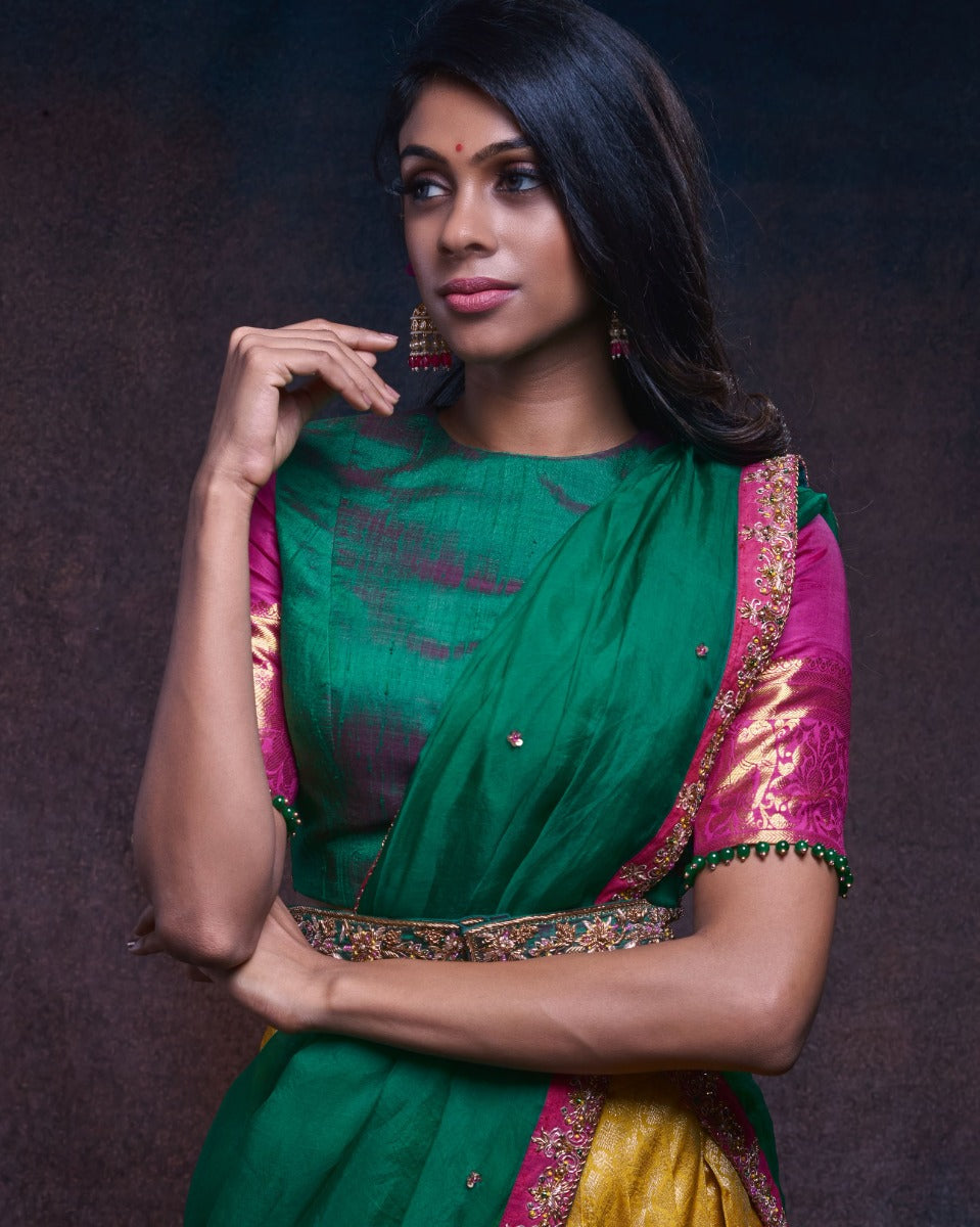 Kanchipuram Silk Brocade Yellow Lehenga With Organza And Tussar Fusion