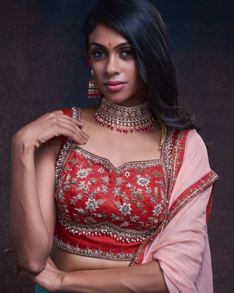 Kanchipuram Silk Tissue Brocade Sky Blue Lehenga With Tussar Fusion