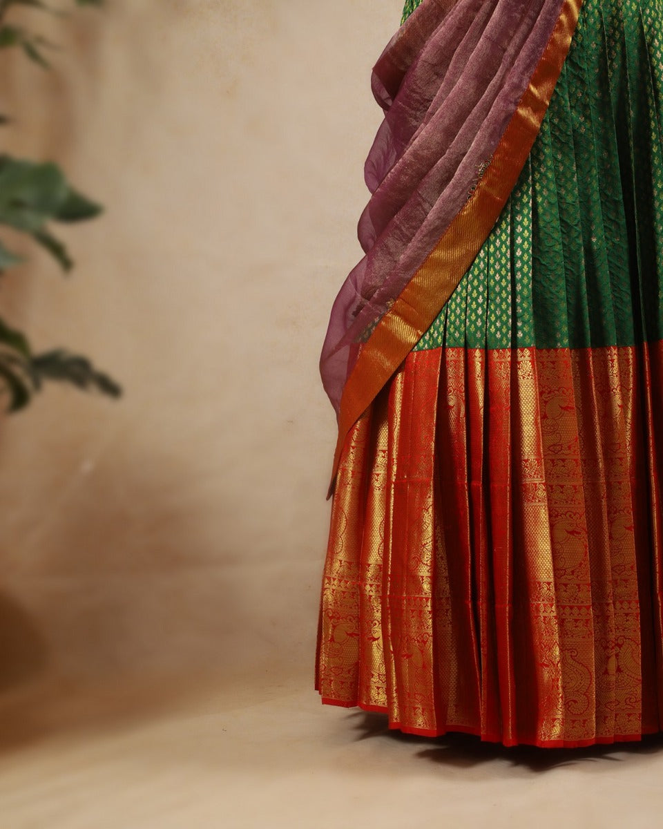 Kanchipuram SIlk Brocade Green Lehenga With Organza And Tussar Fusion