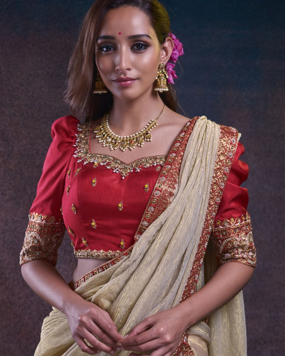 Kanchipuram Silk Brocade Yellow Lehenga With Georgette Fusion