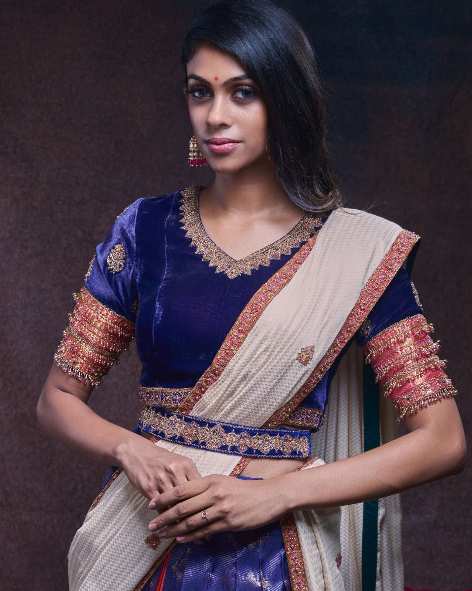 Kanchipuram Silk Brocade Dark Blue Lehenga With Georgette Fusion