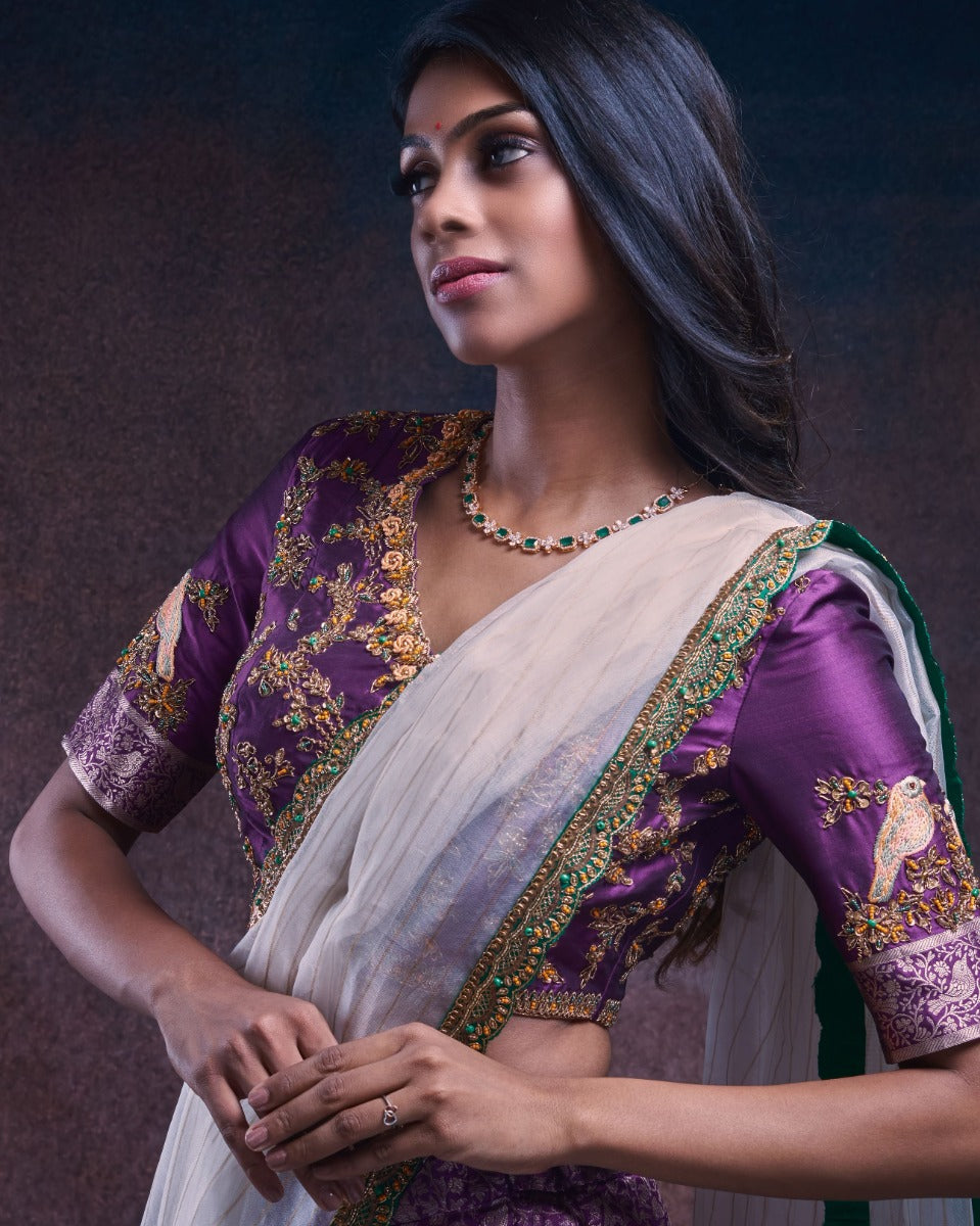 Banarasi Silk Brocade Purple Lehenga With Organza Fusion