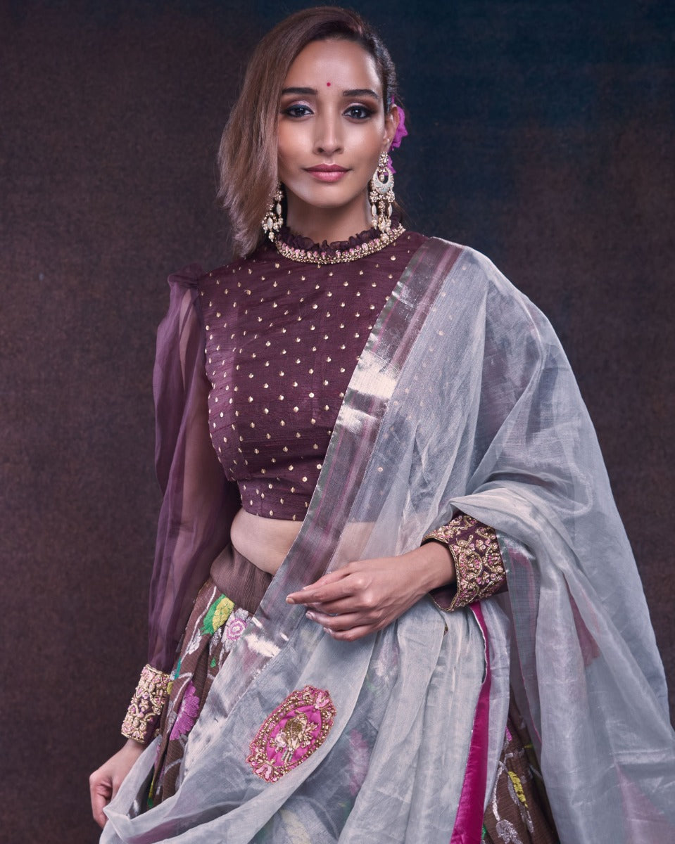 Kota Silk Jamdani Brown Lehenga With Organza And Tussar Fusion