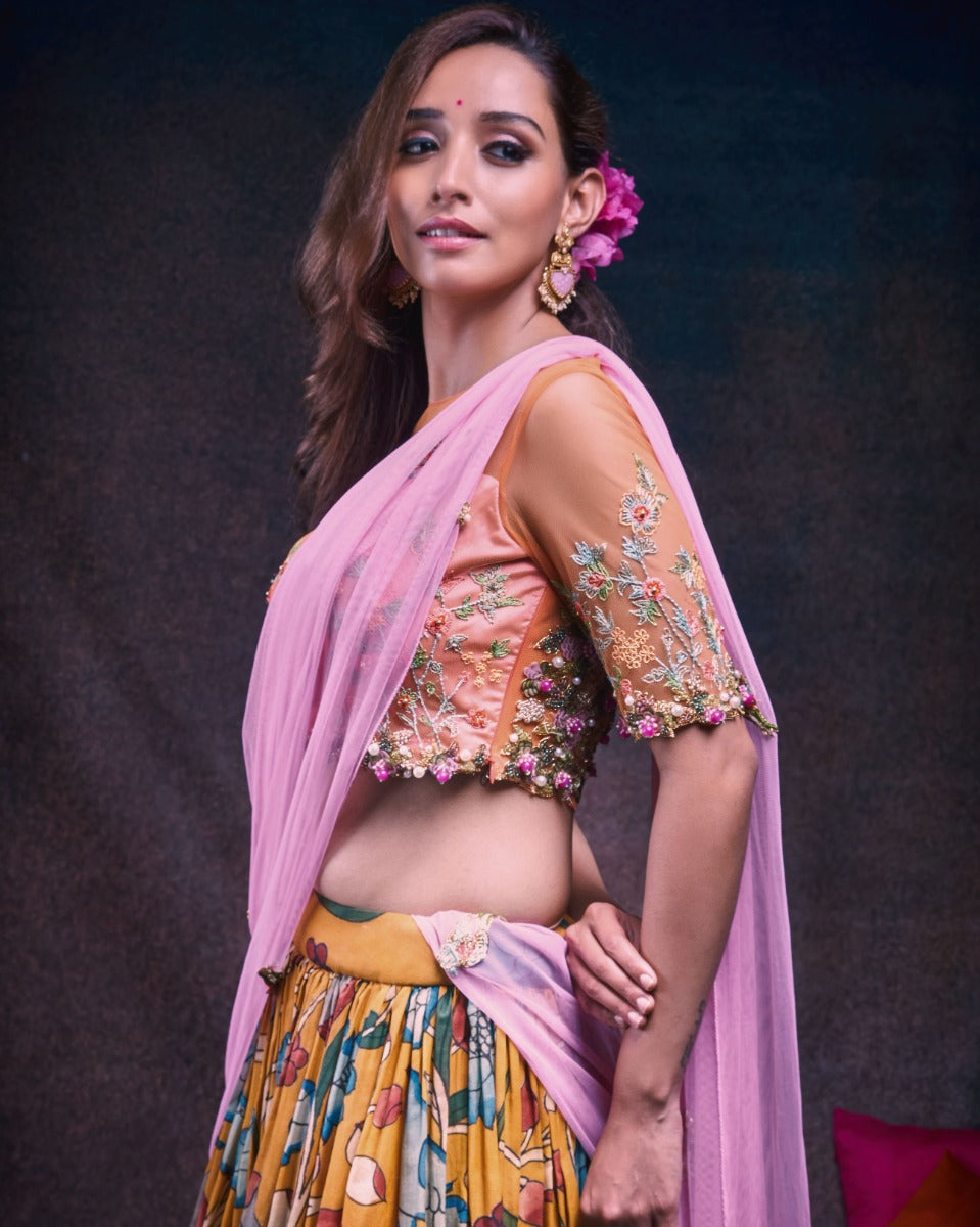 Kanchipuram Kalamkari Silk Mustard Yellow Lehenga