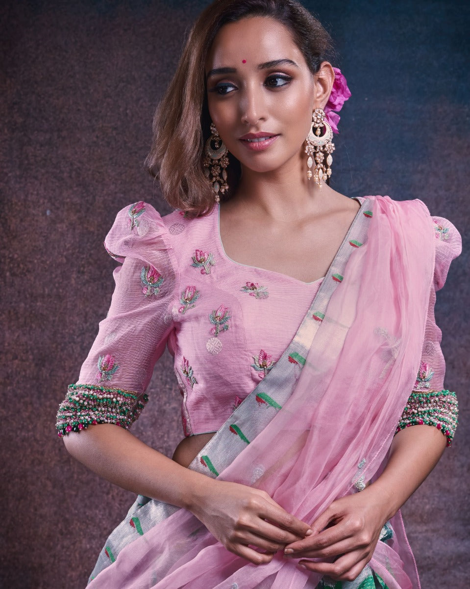 Kota Silk Jamdani Grey Lehenga With Organza Fusion