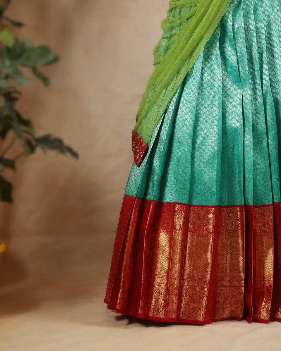 Kanchipuram Silk Brocade Sea Green Lehenga With Tussar Fusion