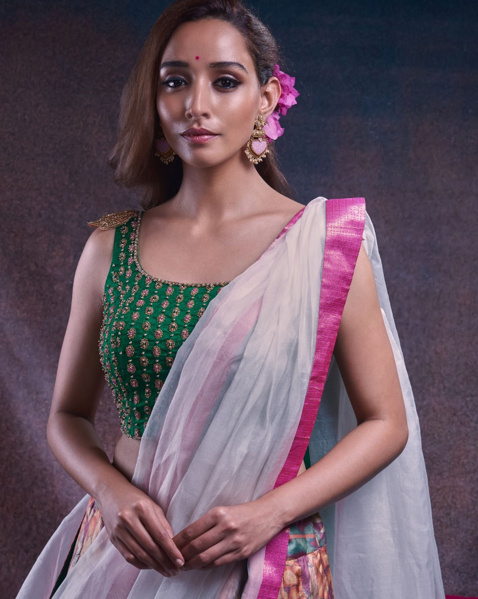 Kanchipuram Silk Floral Printed Burgundy Lehenga With Georgette And Tussar Fusion