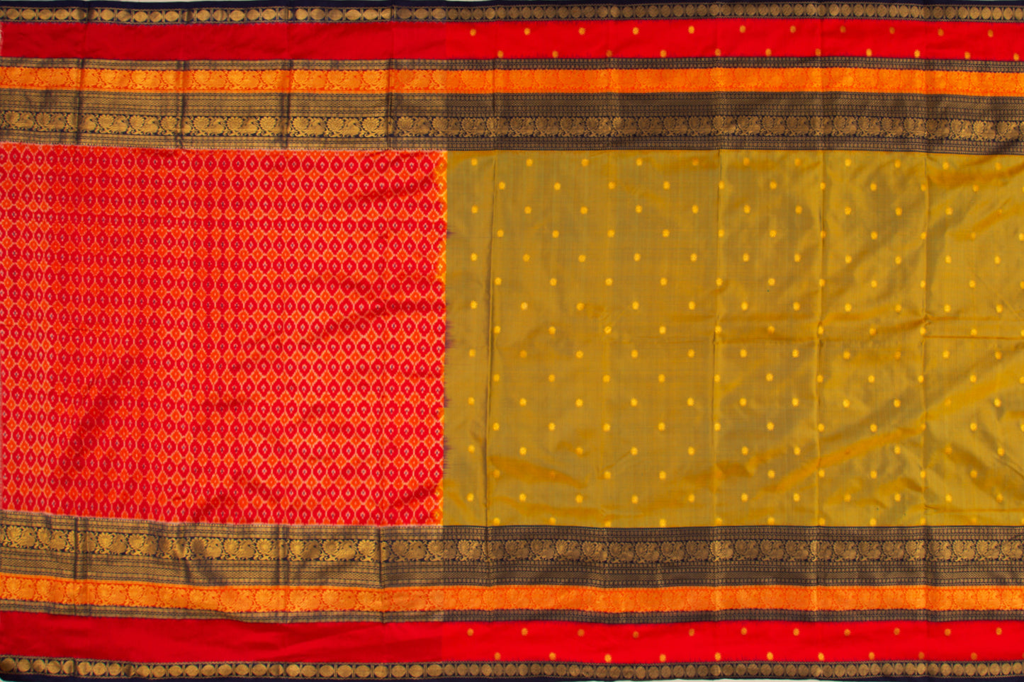 Kanchipuram Silk Twill Butta Dual Tone Yellow and Mehendi Green Saree