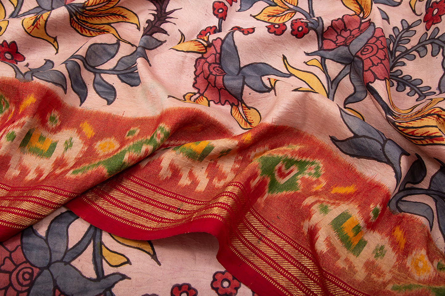 Rajkot Silk Ikat Kalamkari Pink Saree