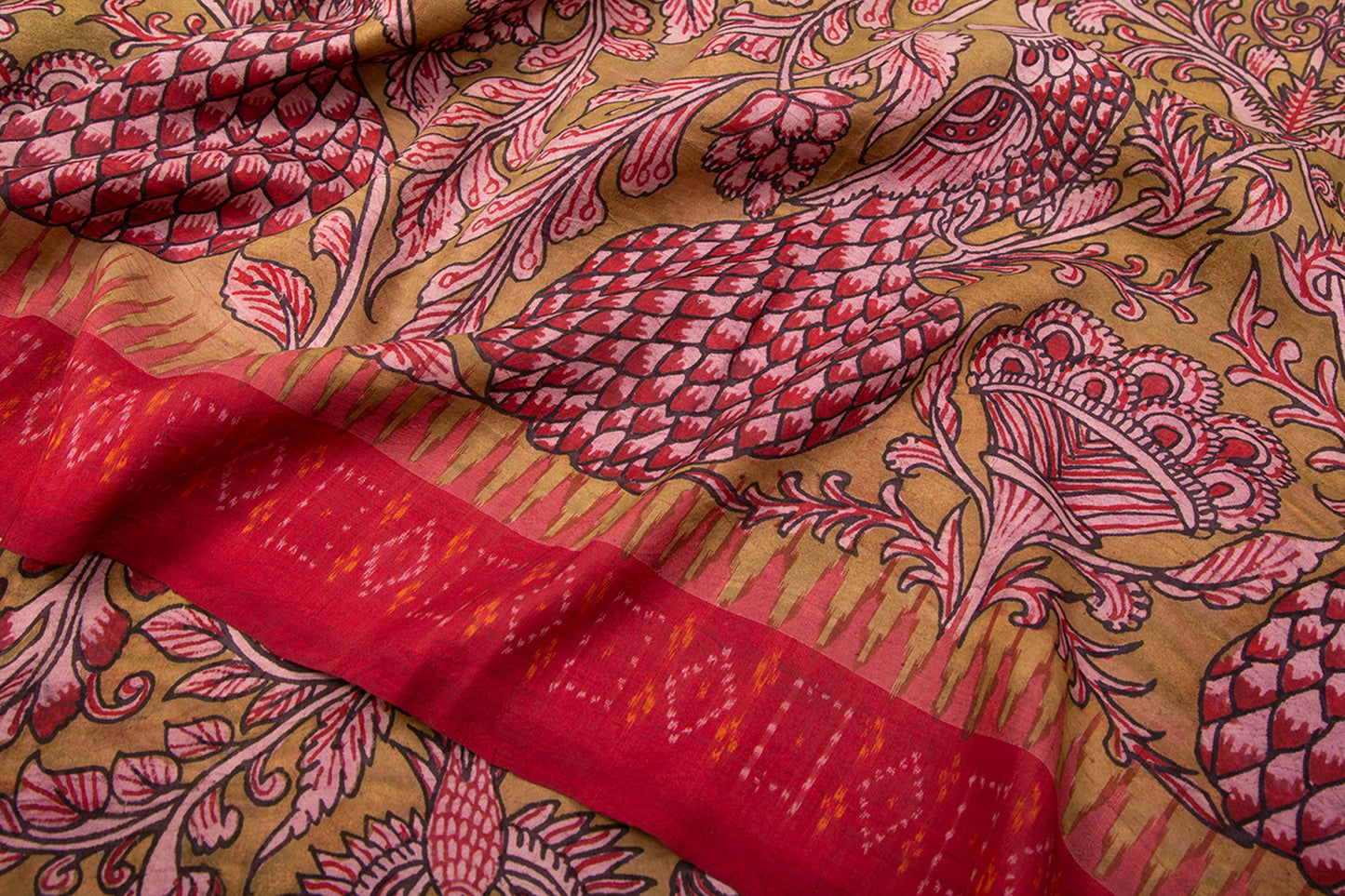 Pochampally Silk Ikat Kalamkari Mustard Yellow Saree