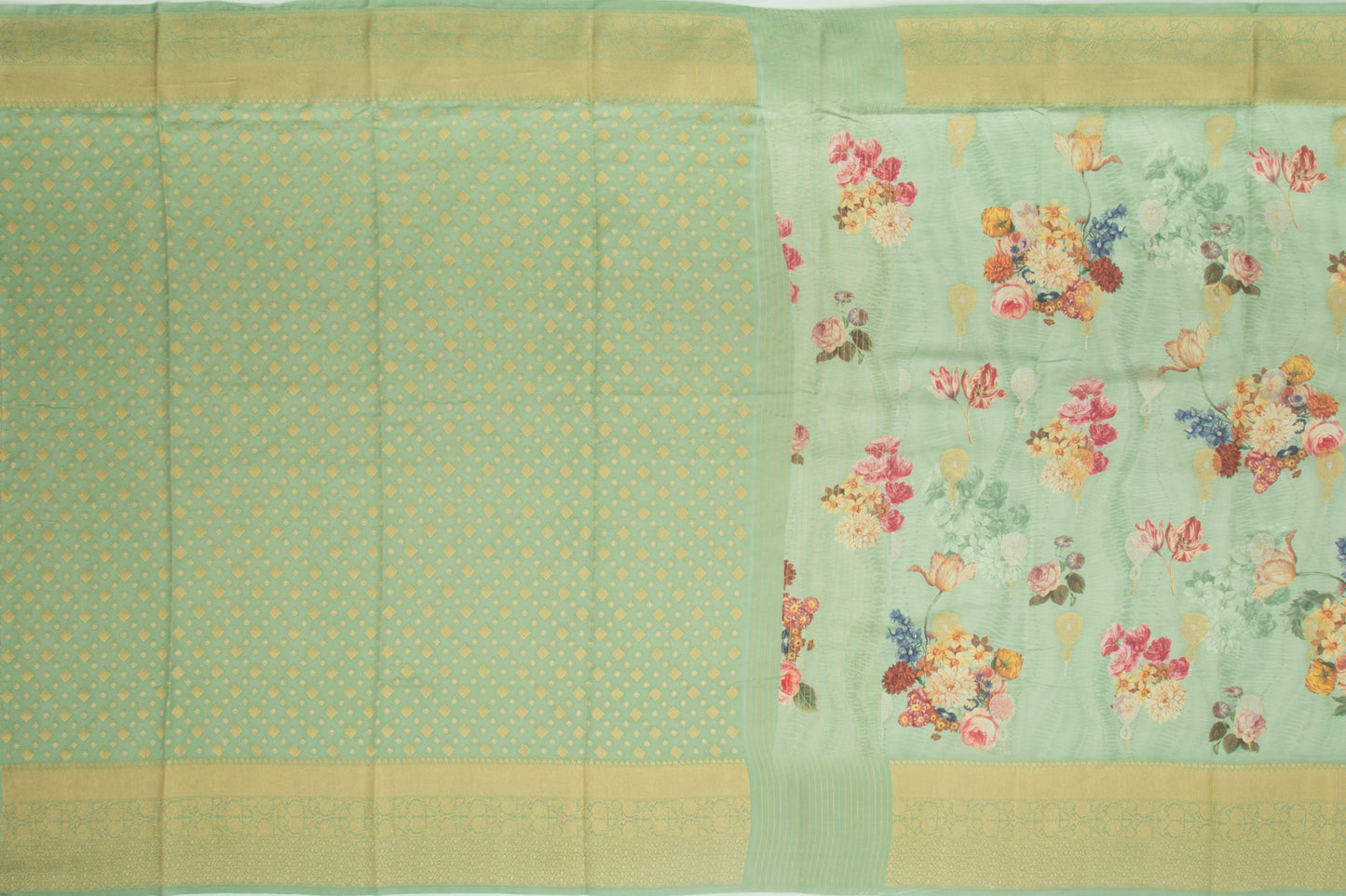 Chanderi Silk Butta And Floral Printed Green Saree